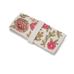 Handmade Floral Embroidered Jewelry Roll Organizer, White Soft Suede Fabric with Thread Embroidery, Bugle Beads and Sequin Work