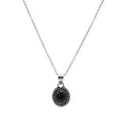 925 Sterling Silver Black Onyx Gemstone Pendant Oval Cabochon and Detailed Sunburst Design