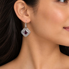 925 Silver Garnet Gemstone Earring Square Cabochon in Bezel Setting with Floral Design and Hook Earwire