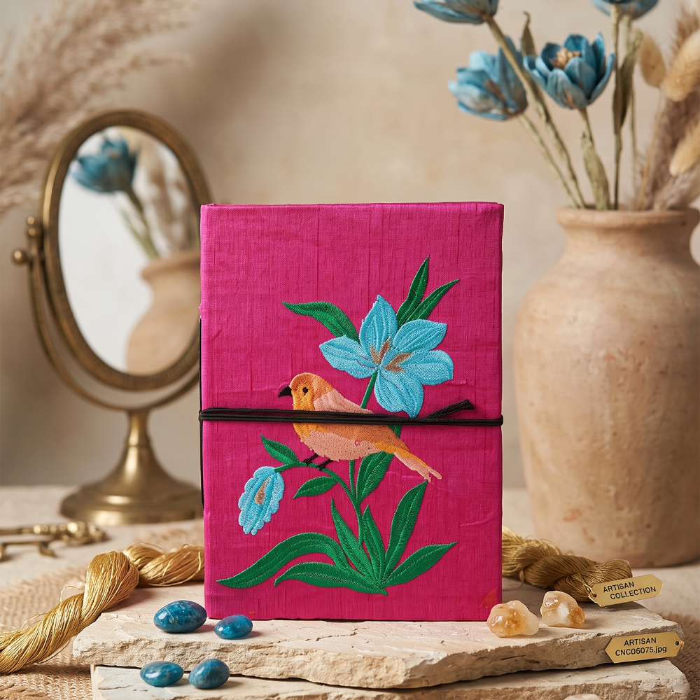 Handcrafted Embroidered Journal with Handmade Paper Fabric Cover & Bahi Khata Closure Diary for Writing Sketching & Gifting | Pink | 8 x 5 inches