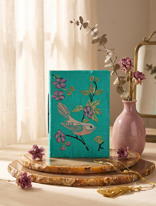 Handcrafted Embroidered Journal with Handmade Paper Fabric Cover & Bahi Khata Closure Diary for Writing Sketching & Gifting | Sky Blue | 8 x 5 inches
