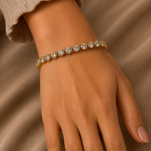 925 Silver Bracelet with Round AD Zircon Handmade in Bezel Setting with Lobster Claw Closure