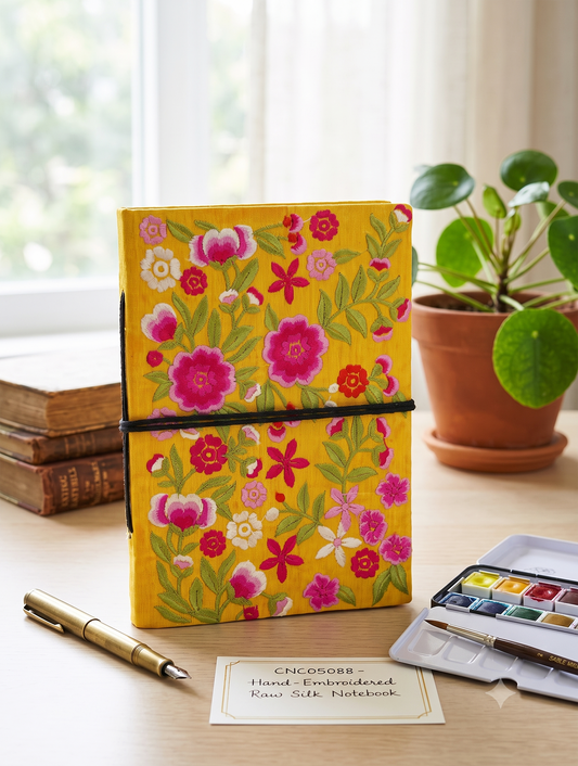 Handcrafted Embroidered Journal with Handmade Paper Fabric Cover & Bahi Khata Closure Diary for Writing Sketching & Gifting | Yellow | 7 x 5 inches