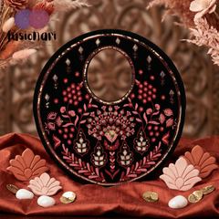 Traditional Black Suede Round Handbag with Floral Embroidery, Gota Patti & Sequin Work