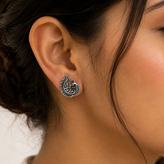 925 Sterling Silver Eartop Peacock Oxidised Traditional Tribal Bird Stud