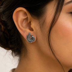 FUSIONARI 925 Sterling Silver Peacock Oxidised Traditional Tribal Bird Stud Earrings