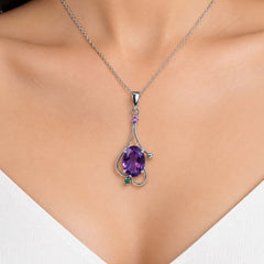 925 Silver Handmade Amethyst & Ruby Gemstone Oval Pendant Curved Leaf Design