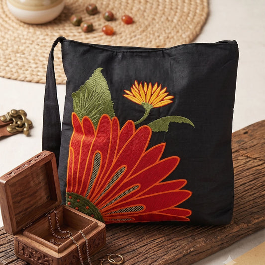 Handmade Floral Crossbody Black Bag made from Dupion & cotton Duck Fabric with Embroidery For Women & Girls
