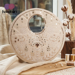Traditional Beige Suede Round Handbag with Floral Embroidery, Gota Patti & Sequin Work