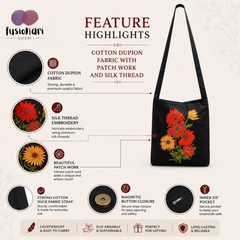 Handmade Floral Crossbody Black Bag made from Dupion & cotton Duck Fabric with Embroidery For Women & Girls