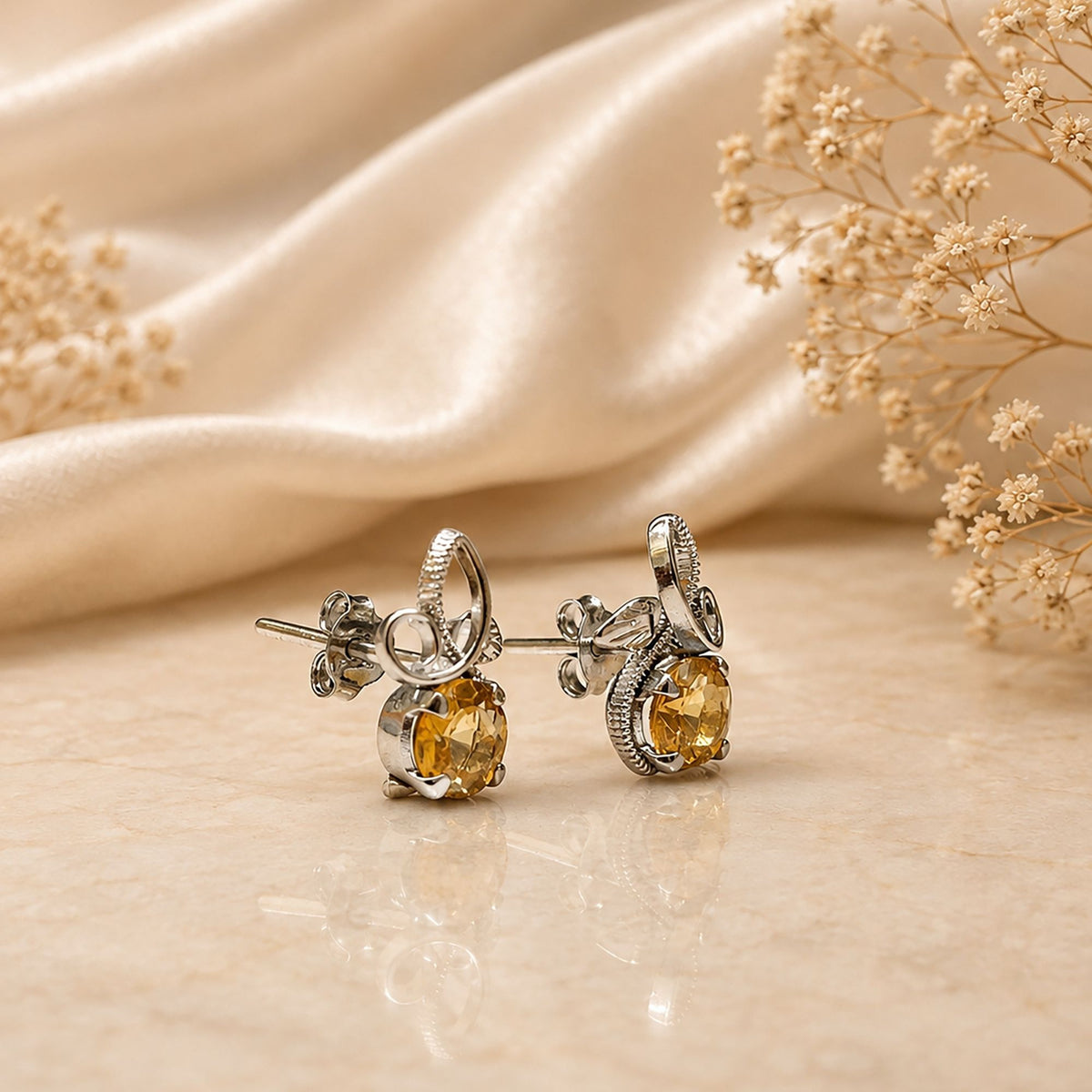 925 Sterling Silver Citrine Stud Earrings Chandi Yellow Gemstone Leaf Design