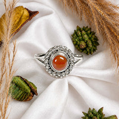925 Silver Ring Carnelian Round Shape Cabochon Cut Bezel Setting