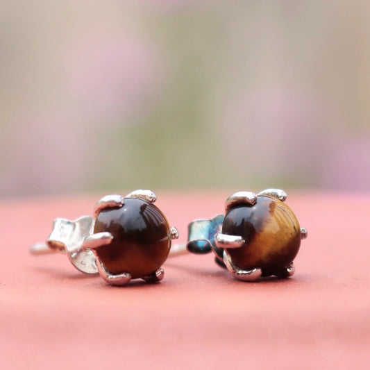 925 Silver Eartops with round Tiger eye gemstone handmade in prongs setting with push closure