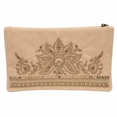 Handmade Embroidered Clutch Purse Beige Suede Fabric with Copper Zari and Sequin
