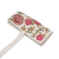 Handmade Floral Embroidered Jewelry Roll Organizer, White Soft Suede Fabric with Thread Embroidery, Bugle Beads and Sequin Work