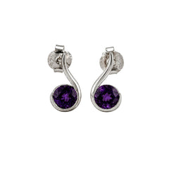 925 Sterling Silver Amethyst Stud  Earrings, Purple Gemstone with S Shape Design