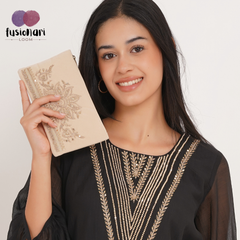 Handmade Embroidered Clutch Purse Beige Suede Fabric with Copper Zari and Sequin