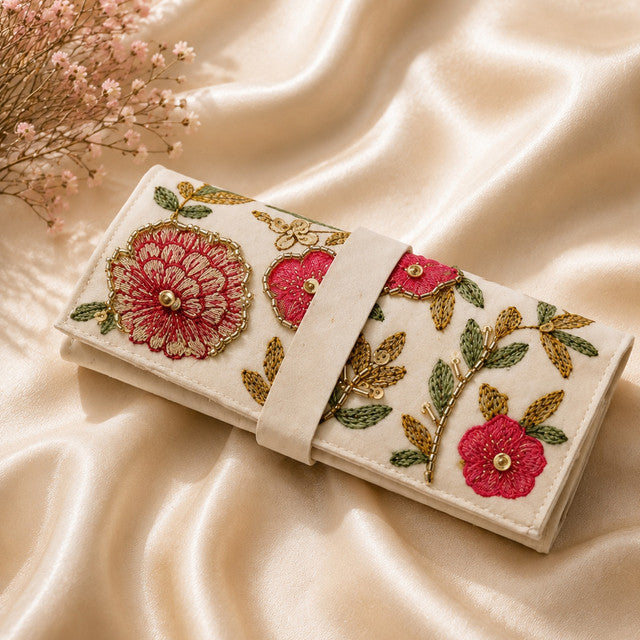 Handmade Floral Embroidered Jewelry Roll Organizer, White Soft Suede Fabric with Thread Embroidery, Bugle Beads and Sequin Work