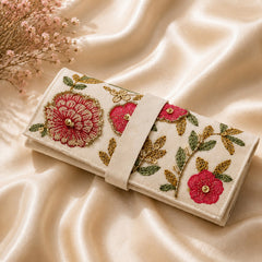 Handmade Floral Embroidered Jewelry Roll Organizer, White Soft Suede Fabric with Thread Embroidery, Bugle Beads and Sequin Work