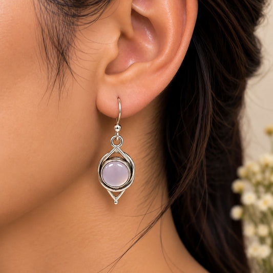 925 Sterling Silver Pink Gemstone Earring Round Stone Handmade Jewelry Design
