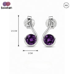 925 Sterling Silver Amethyst Stud  Earrings, Purple Gemstone with S Shape Design
