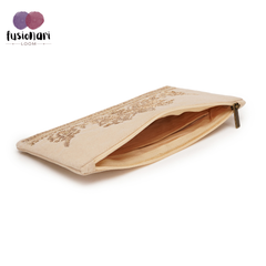 Handmade Embroidered Clutch Purse Beige Suede Fabric with Copper Zari and Sequin