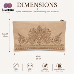 Handmade Embroidered Clutch Purse Beige Suede Fabric with Copper Zari and Sequin