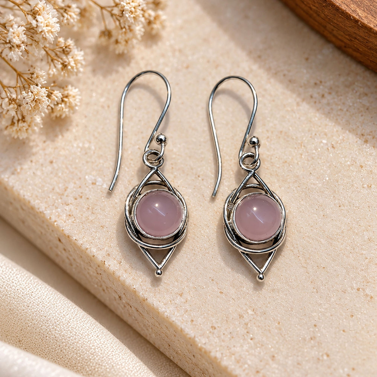 FUSIONARI 925 Sterling Silver Pink Chalcedony Gemstone Drop Earrings Jewellery