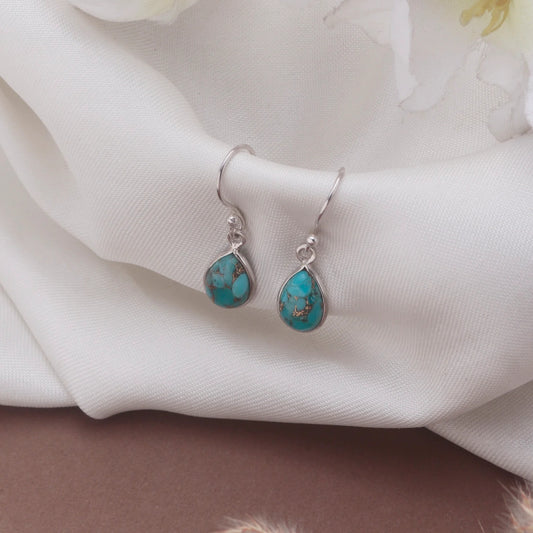 925 Silver Earrings with drop shape Turquoise handmade in bezel setting with ball earwire.