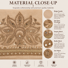 Handmade Embroidered Clutch Purse Beige Suede Fabric with Copper Zari and Sequin