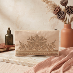 Handmade Embroidered Clutch Purse Beige Suede Fabric with Copper Zari and Sequin