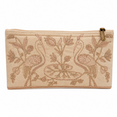 Handmade Peacock Embroidered Clutch Purse, Beige  Suede Fabric with Copper Zari and Silk Thread Work