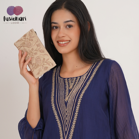 Handmade Peacock Embroidered Clutch Purse, Beige  Suede Fabric with Copper Zari and Silk Thread Work