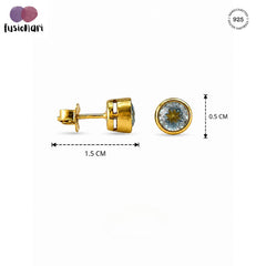 925 Sterling Silver Blue Topaz Stud Earrings Round Gemstone with Gold Tone Setting