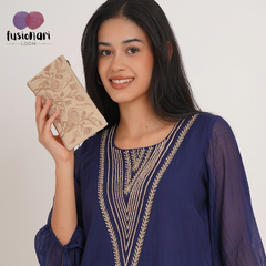 Handmade Peacock Embroidered Clutch Purse, Beige  Suede Fabric with Copper Zari and Silk Thread Work