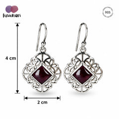 925 Silver Garnet Gemstone Earring Square Cabochon in Bezel Setting with Floral Design and Hook Earwire