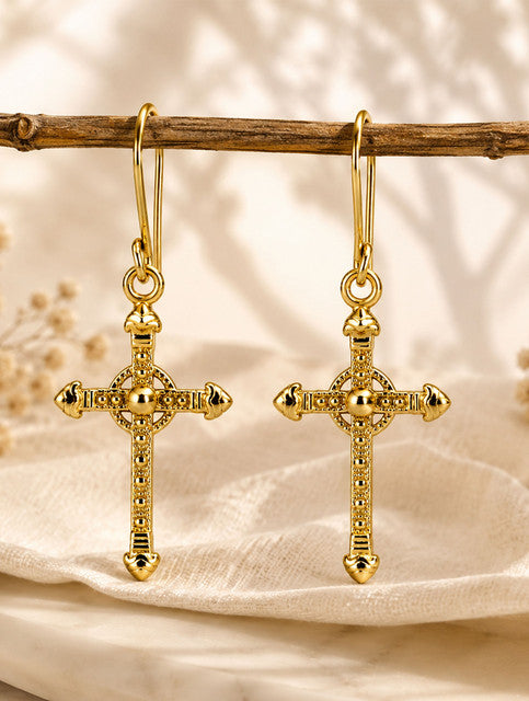 925 Sterling Silver Gold Plated Cross Dangle Earrings for Women