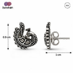 FUSIONARI 925 Sterling Silver Peacock Oxidised Traditional Tribal Bird Stud Earrings
