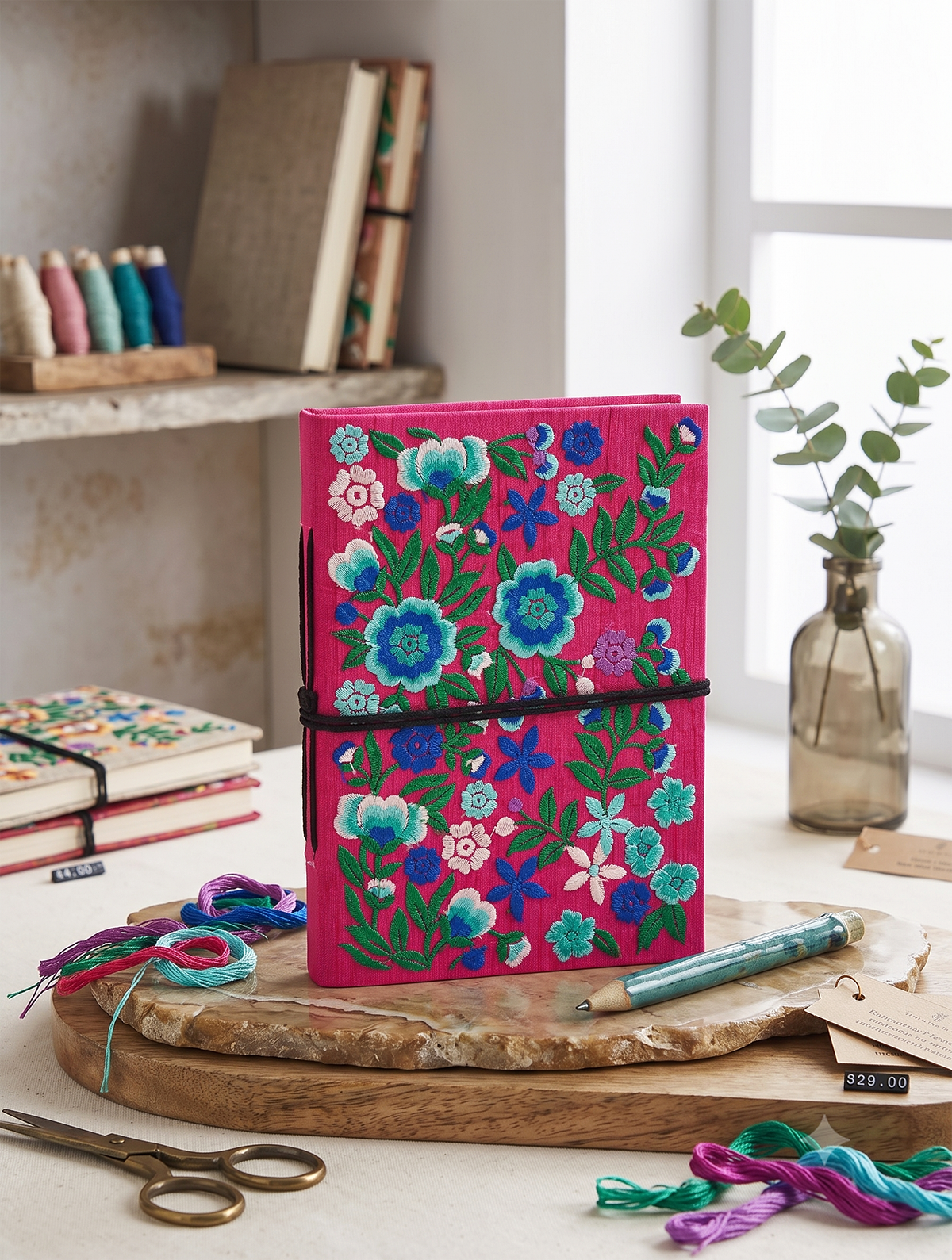 Handcrafted Embroidered Journal with Handmade Paper Fabric Cover & Bahi Khata Closure Diary for Writing Sketching & Gifting | Pink | 7 x 5 inches