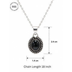 925 Sterling Silver Black Onyx Gemstone Pendant Oval Cabochon and Detailed Sunburst Design