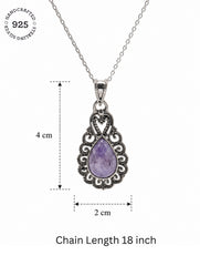 925 Sterling Silver Amethyst Gemstone Pendant Pear Shape Stone and Ornate Floral Design