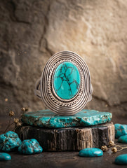 925 Sterling Silver Turquoise Gemstone Oval Shaped Ring