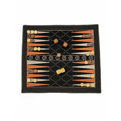 Board Game "BACKGAMMON" embroidered on cotton fabric with playing dice and wooden coins