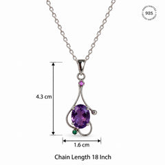 925 Silver Handmade Amethyst & Ruby Gemstone Oval Pendant Curved Leaf Design