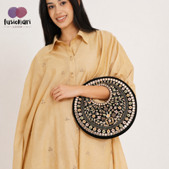 Black Suede Floral Embroidered Round Handbag, Hand Purse, Clutches with Patra Mirror Work for Women & Girls