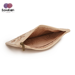 Handmade Peacock Embroidered Clutch Purse, Beige  Suede Fabric with Copper Zari and Silk Thread Work