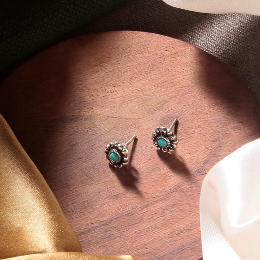 925 silver round tiny turquoise eartops in oxidised finish handmade in bezel setting with push closure