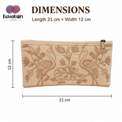 Handmade Peacock Embroidered Clutch Purse, Beige  Suede Fabric with Copper Zari and Silk Thread Work