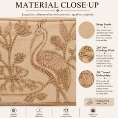 Handmade Peacock Embroidered Clutch Purse, Beige  Suede Fabric with Copper Zari and Silk Thread Work