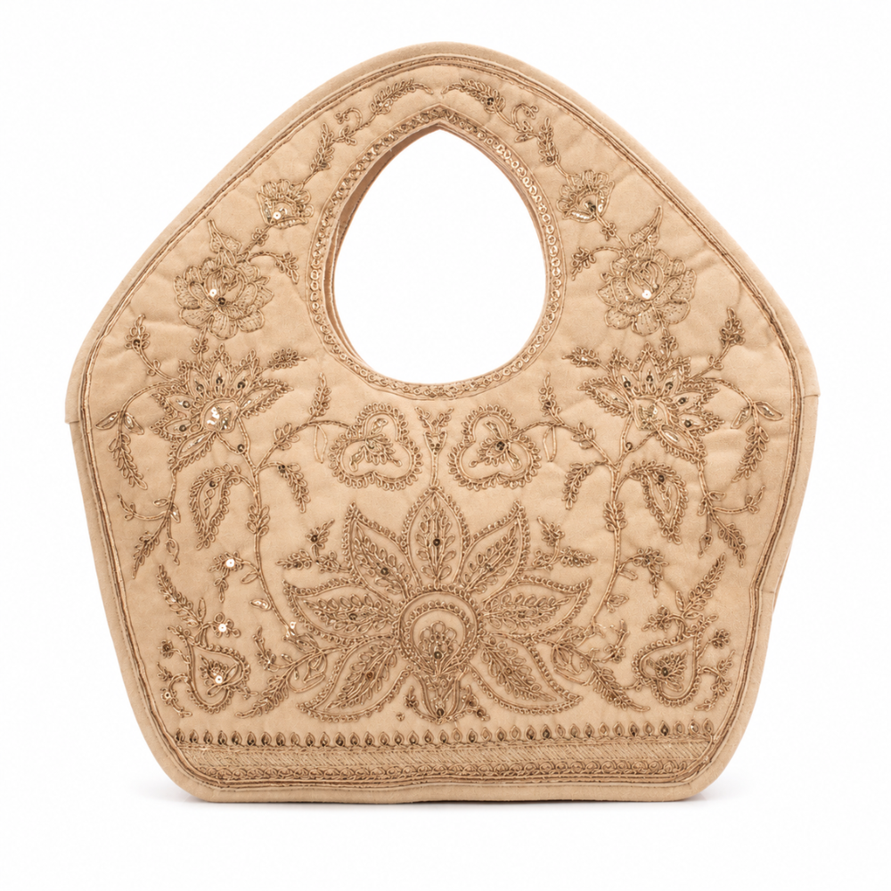 Embroidered Handbag, Beige Soft Poly Suede Fabric with Copper Zari and Sequin Work Embroidery, Handmade Purse